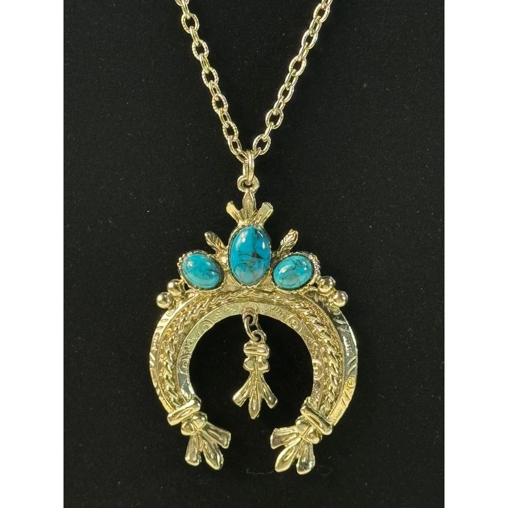 Western Horseshoe Squash Blossom Turquoise Necklace Silver Tone‎